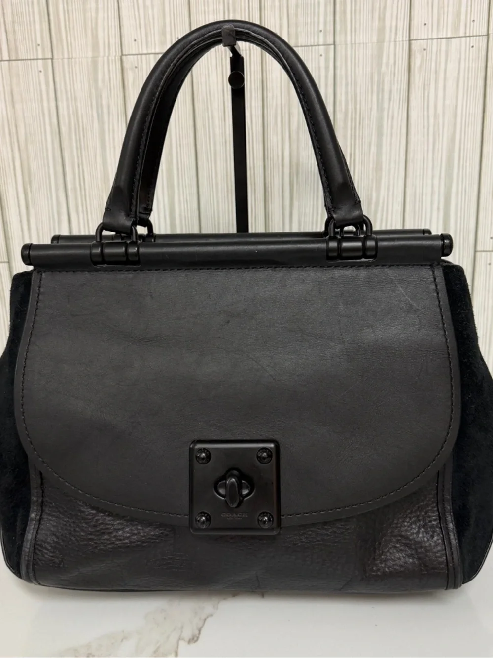 Coach Black Leather & Suede Satchel Top Handle Bag Turnlock Crossbody Purse